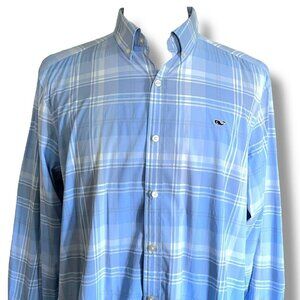Vineyard Vines Mens Performance Classic Fit Whale Shirt Sz XL Blue White Plaid